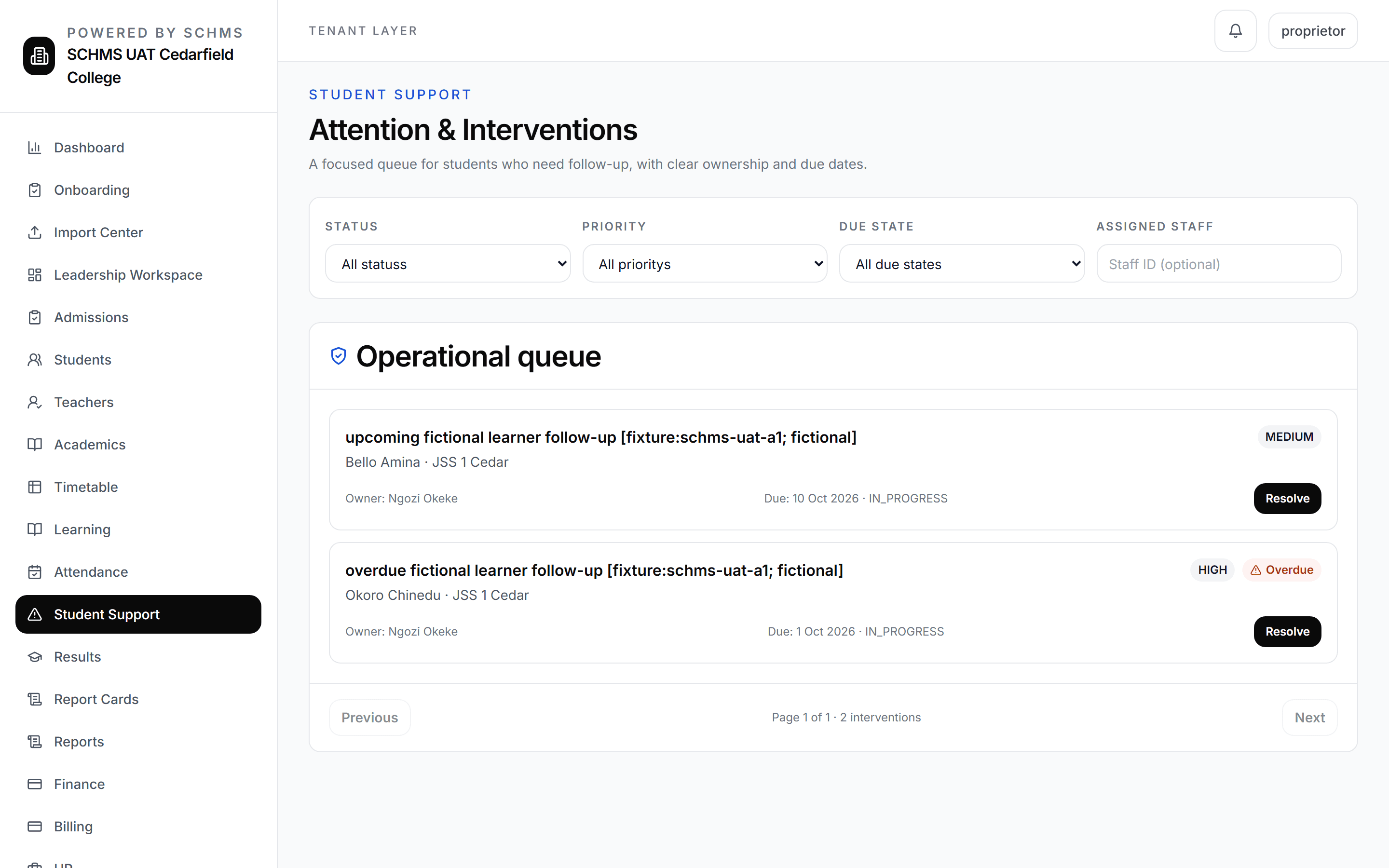 SCHMS intervention queue showing fictional follow-ups with priority, owner, due date and status.
