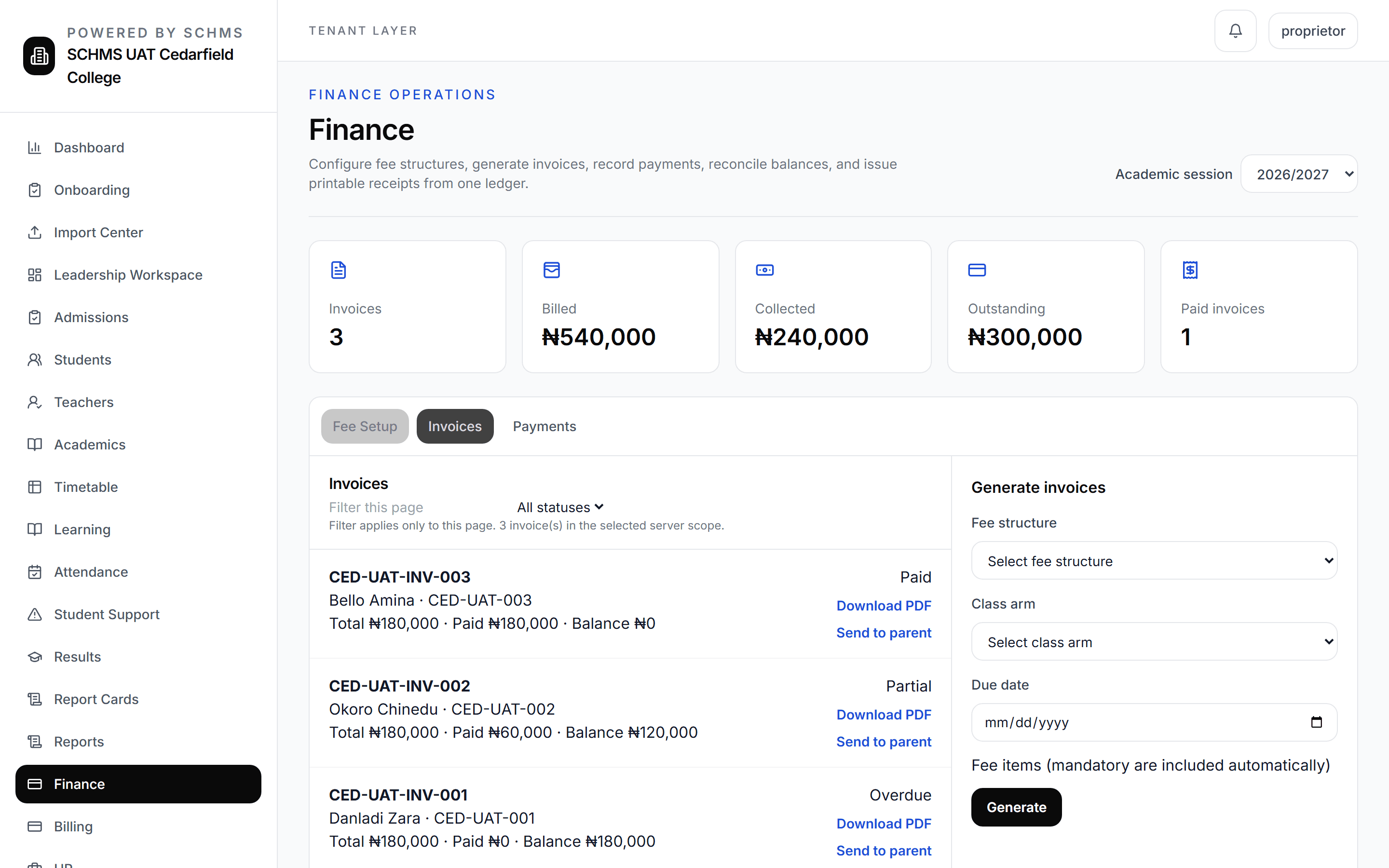 SCHMS finance workspace showing fictional invoices, balances and payment statuses.