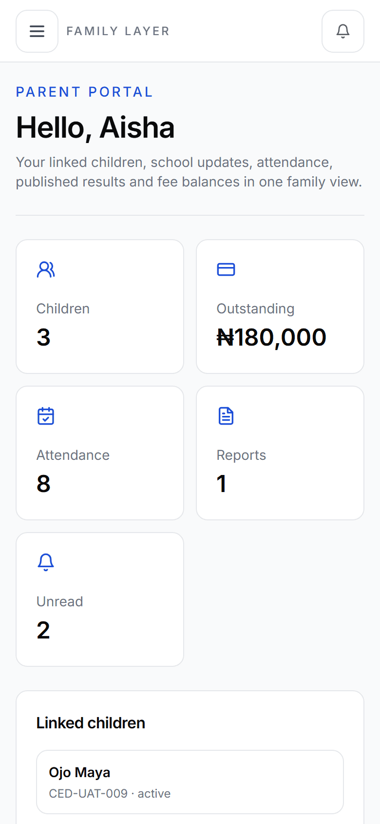 SCHMS parent workspace on a mobile viewport with linked-child information and family navigation.