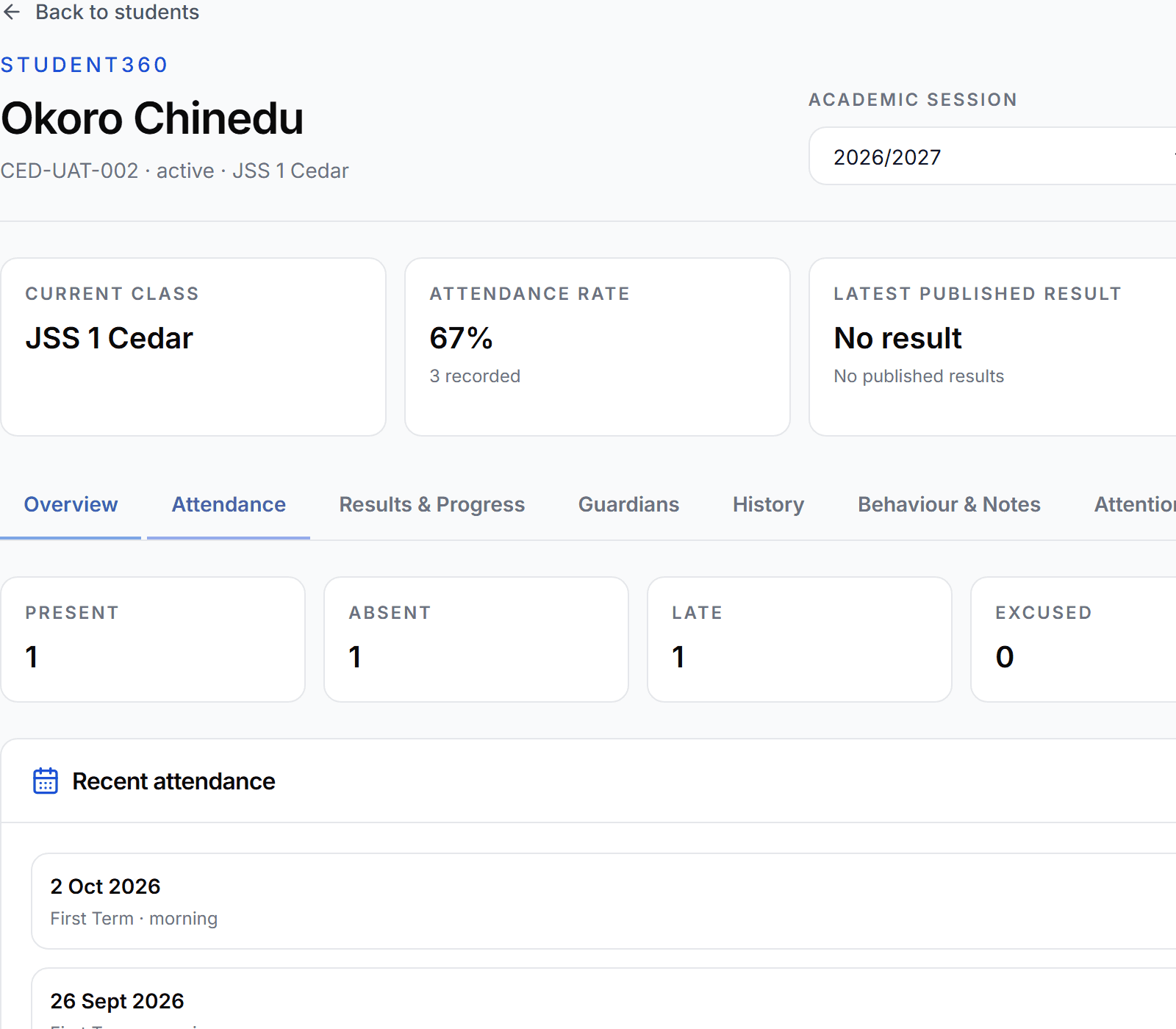 SCHMS Student360 showing a fictional student's identity, class and attendance summary.